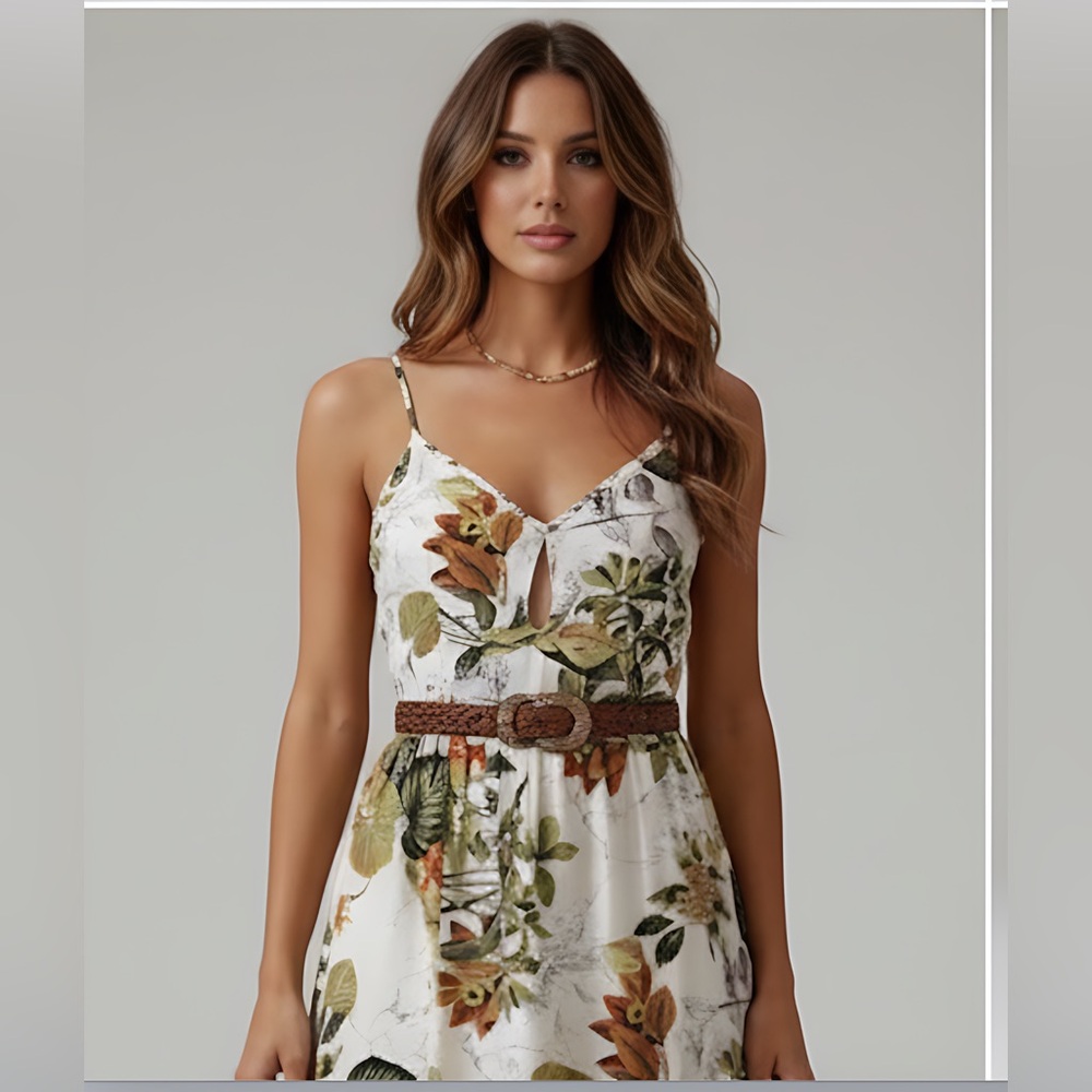 Boho Plant Printed Ruffle Hem Spaghetti Strap Dress Maxi - Picture 2 of 9